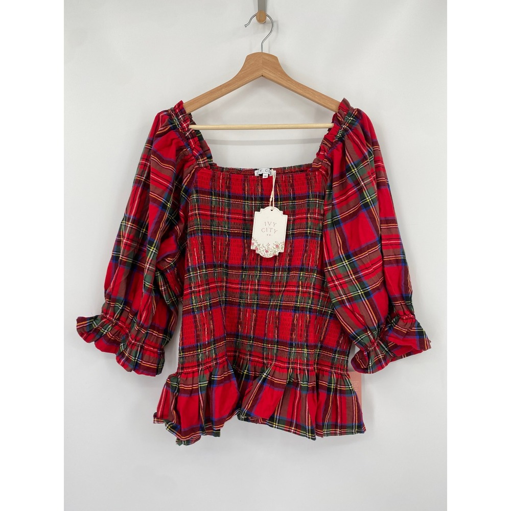 Ivy City Co Madeline Top Women 3X Red Holiday Plaid Smocked Peplum Puff Sleeve